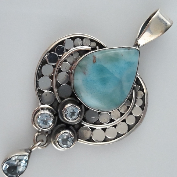 Sterling Silver Natural Larimar and Blue Quartz - Picture 6 of 10